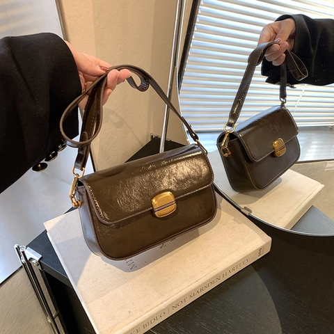 Retro PU Leather Crossbody Bag Small Square Shoulder Handbag With Gold Buckle Fashion Solid Color For Women Casual