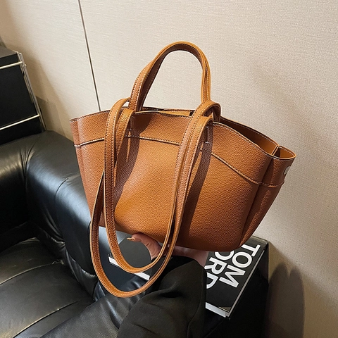 Women Lychee Texture PU Leather Tote Bag Vintage Large Capacity Shoulder Bag White Contrast Stitching Minimalist Underarm
