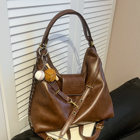 Women Vintage PU Leather Large Capacity Hobo Shoulder Bag With Baseball Charm For Daily Commute Work