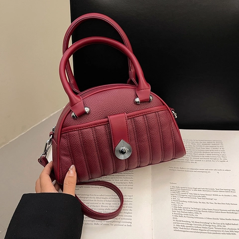 Dames Doorgestikte Schelp Handtas PU Leer Litchi Textuur Crossbody Tas Retro Elegant Schoudertas Met Handvat
