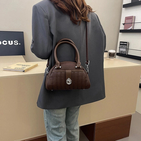 Dames Doorgestikte Schelp Handtas PU Leer Litchi Textuur Crossbody Tas Retro Elegant Schoudertas Met Handvat