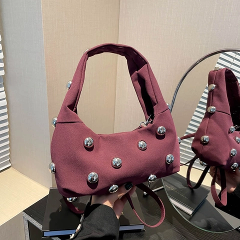 Women Hobo Underarm Bag Silver Ball Rivets Retro Minimalist PU Suede Shoulder Handbag Trendy Aesthetic Versatile Chic