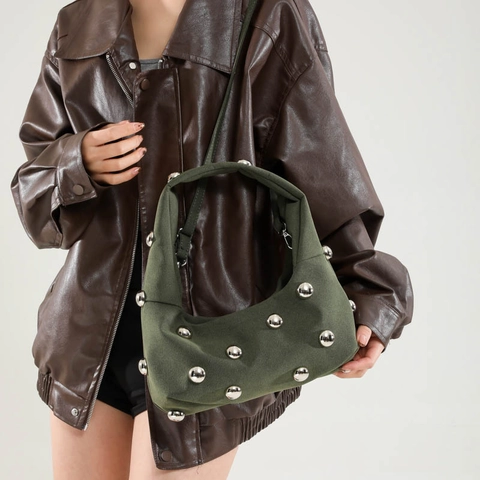 Women Hobo Underarm Bag Silver Ball Rivets Retro Minimalist PU Suede Shoulder Handbag Trendy Aesthetic Versatile Chic