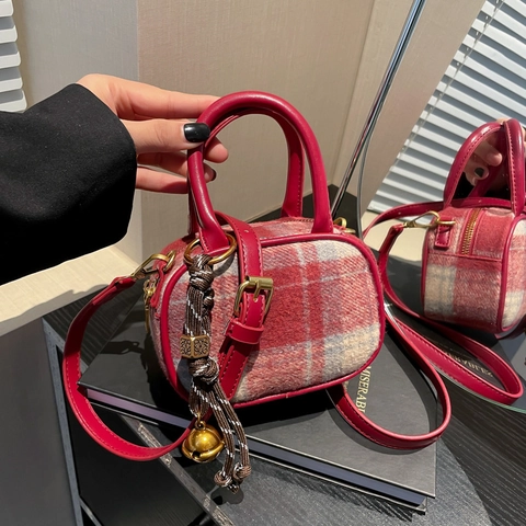 Mini Bolso Boston Mujer Cuadros Lana Cuero PU Bolso Bandolera Mano Con Colgante Campana Retro Chic