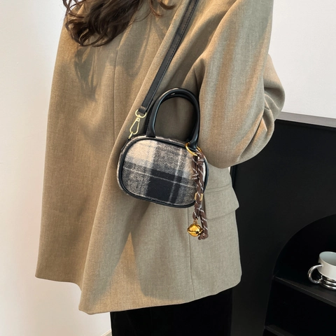 Mini Bolso Boston Mujer Cuadros Lana Cuero PU Bolso Bandolera Mano Con Colgante Campana Retro Chic