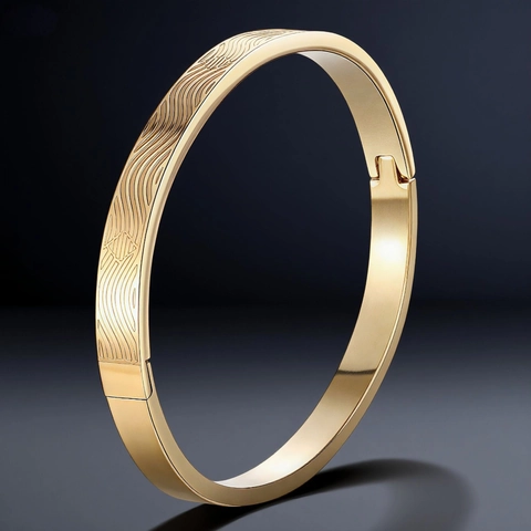 Brazalete De Acero Inoxidable Textura Ondulada Patrón Latido Corazón Hebilla Bisagra Chapado En Oro Joyería De Moda