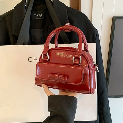Borsa Da Donna In Pelle PU Lucida Con Fiocco Decorativo Borsa A Tracolla Metallica Chic Borsetta Versatile