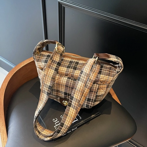 Borsa A Spalla Vintage Motivo Pied De Poule Tessuto Trapuntata Borsa Sottobraccio Chiusura A Scatto In Metallo Donna