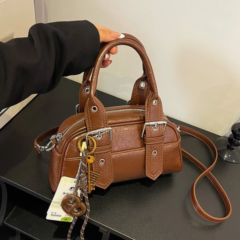 Retro Oil Wax PU Leather Boston Handbag For Women Vintage Crossbody Bag With Adjustable Strap And Metal Buckle Decor