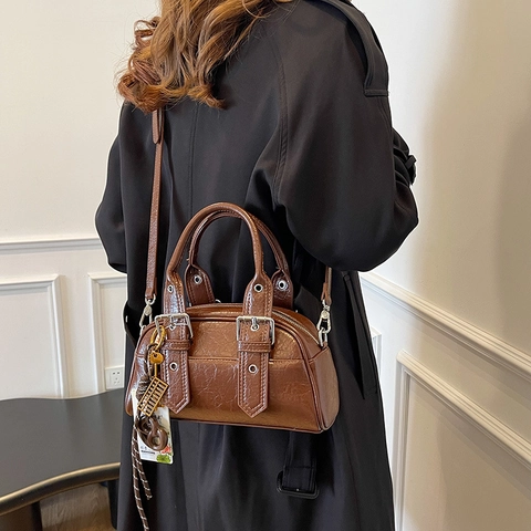 Retro Oil Wax PU Leather Boston Handbag For Women Vintage Crossbody Bag With Adjustable Strap And Metal Buckle Decor