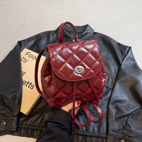 Women Mini Backpack Quilted Rhombic Glossy PU Leather Metallic Turn Lock Drawstring Fashion Small Rucksack For Daily
