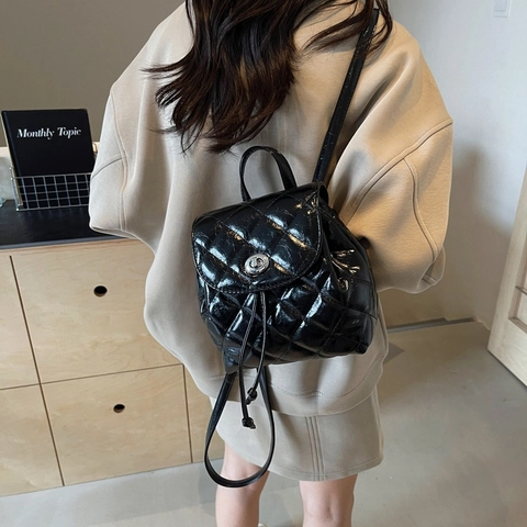 Women Mini Backpack Quilted Rhombic Glossy PU Leather Metallic Turn Lock Drawstring Fashion Small Rucksack For Daily