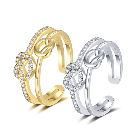 Heart Knot Double Layer Open Ring Copper Zirconia Adjustable Fashion Finger Jewelry For Women Elegant