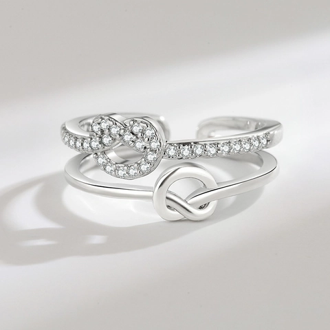 Heart Knot Double Layer Open Ring Copper Zirconia Adjustable Fashion Finger Jewelry For Women Elegant