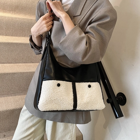 Bolso De Hombro Hobo Grande Para Mujer Cuero PU Y Lana De Cordero Patchwork Color De Contraste Casual