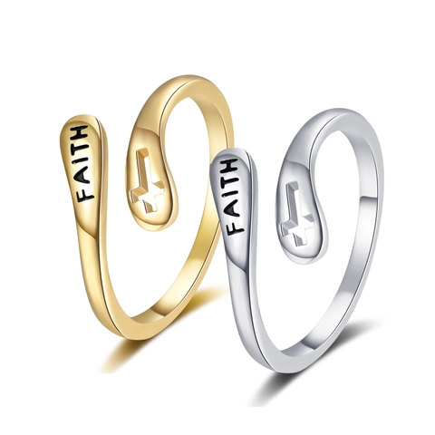 Cross Open Ring Faith Engraved Adjustable Copper Band Religious Belief Jewelry For Women Platinum Gold Color