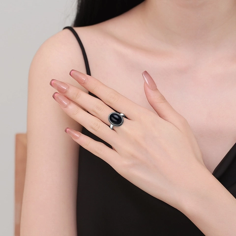 Anello Vintage Onice Nero E Anello Geometrico Rame Aperto Regolabile Stile Minimalista Donna Accessoire
