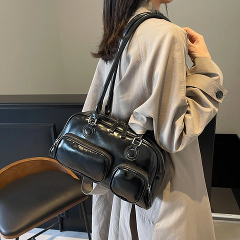 Borsa Baguette Da Sottobraccio In Pelle PU Cerata Vintage Con Tasche Anteriori Multiple Borsa A Spalla Casual Da Donna