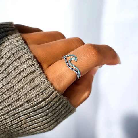 Layered Wave Ring Copper Gradient Blue Zircon Ocean Style Adjustable Women Fashion