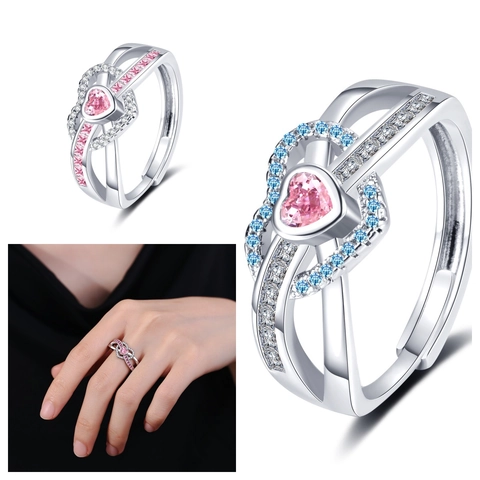 Heart Shaped Pink Zircon Ring Copper Infinite Design Open Adjustable Fashion Jewelry For Women