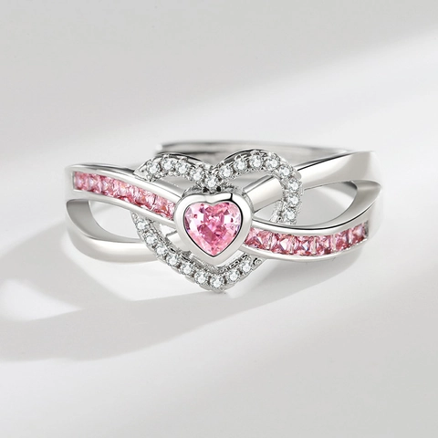 Heart Shaped Pink Zircon Ring Copper Infinite Design Open Adjustable Fashion Jewelry For Women