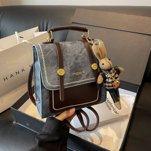 Women's Retro Color Block PU Denim Backpack Multi-Purpose Shoulder Handbag With Cute Rabbit Pendant For Casual Travel