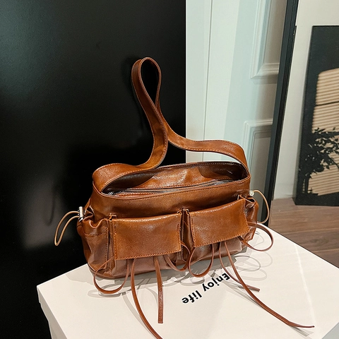 Borsa A Spalla Sottobraccio In Pelle PU Retrò Per Donna Multi-Tasche Coulisse Decorazione Con Fiocco Borsa Casual Versatile