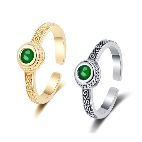 Vintage Copper Ring Green Round Zircon Micro Pave Adjustable Open Finger Jewelry Retro Scrollwork Pattern For Women