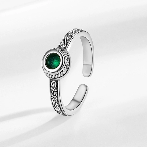 Vintage Copper Ring Green Round Zircon Micro Pave Adjustable Open Finger Jewelry Retro Scrollwork Pattern For Women