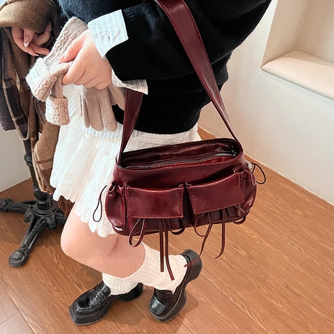 Borsa A Spalla Sottobraccio In Pelle PU Retrò Per Donna Multi-Tasche Coulisse Decorazione Con Fiocco Borsa Casual Versatile