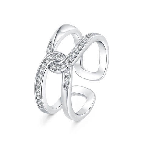 Adjustable Double Cross Knot Ring Copper Platinum Plated Micro Pave Zircon Geometric Fashion Finger Accessory For Women