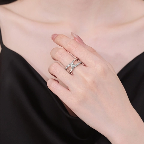 Adjustable Double Cross Knot Ring Copper Platinum Plated Micro Pave Zircon Geometric Fashion Finger Accessory For Women