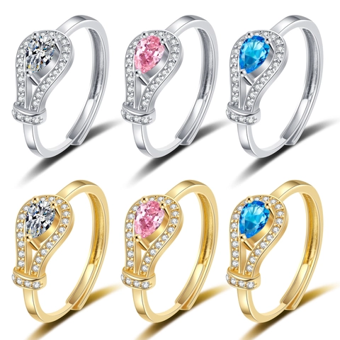 Women Adjustable Ring Copper Zirconia Pear Cut Water Drop Horseshoe Buckle Halo Elegant Luxury Jewelry Accessory