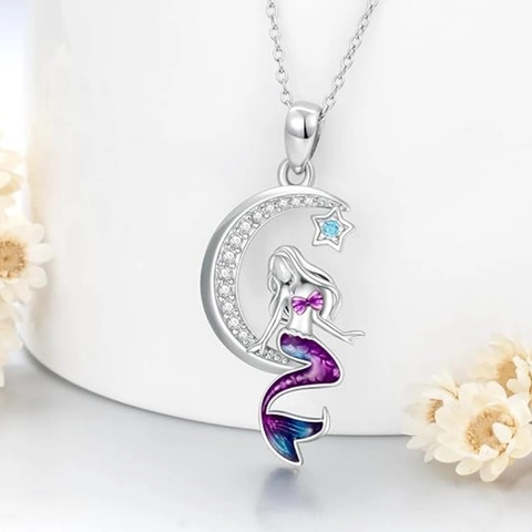 Mermaid On Crescent Moon Star Pendant Necklace Plated Copper Gradient Enamel Cubic Zirconia Romantic Fairy Tale Style Women Jewelry