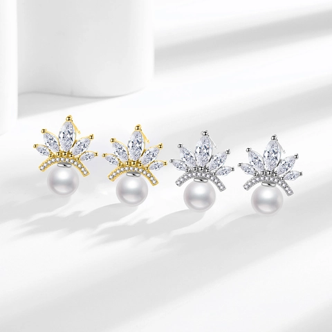 Kronen Künstliche Perlenstecker Kupfer Zirkonia Silver Earring Post Elegante Mode Schmuck Für Damen