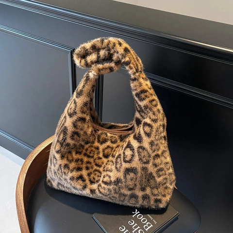 Leopard Print Kunstpelz Hobo Tasche Große Kapazität Plüsch Tote Mit Magnetverschluss Für Herbst Winter Mode Damen