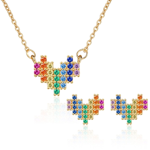 Pixel Heart Necklace And Stud Earrings Copper With Rainbow Cubic Zirconia Elegant Fashion Accessories For Women