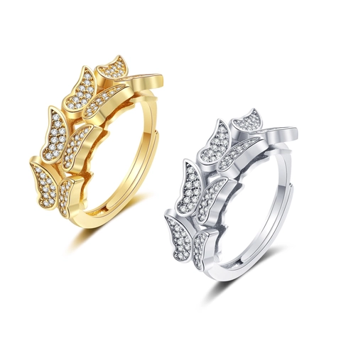 Dubbellaagse Vlinder Ring Voor Vrouwen Koper Cubic Zirconia Pave Verstelbare Open Band Mode Sieraden Cadeau