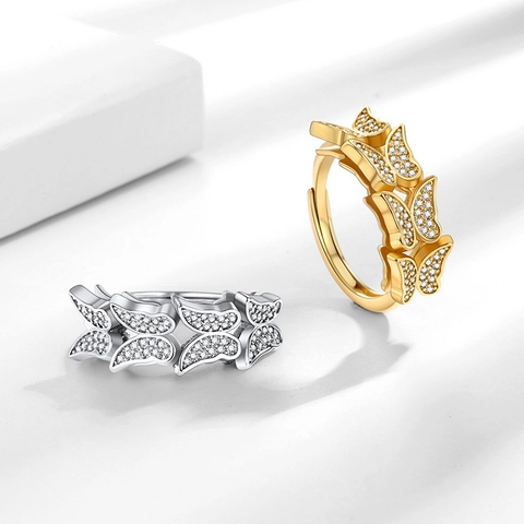 Dubbellaagse Vlinder Ring Voor Vrouwen Koper Cubic Zirconia Pave Verstelbare Open Band Mode Sieraden Cadeau