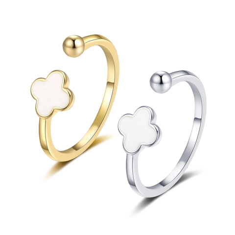 Bague Ajustable Ouverte Trèfle Cuivre Émail Blanc Goutte Colle Perle Métallique Élégant Bijoux Pour Femmes
