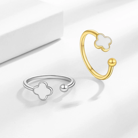 Bague Ajustable Ouverte Trèfle Cuivre Émail Blanc Goutte Colle Perle Métallique Élégant Bijoux Pour Femmes