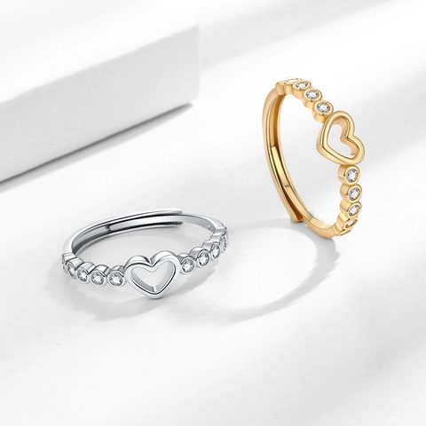 Anillo A Cuore Cavo In Rame Regolabile Aperto Con Zirconi Intarsiati Gioielli Eleganti Per Donna
