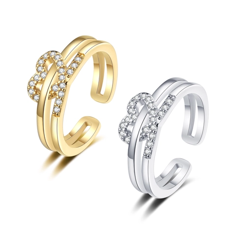 Doppelstöckiger Herz Ring Kupfer Mit Zirkon Verstellbares Offenes Design Elegantes Schmuckstück Für Frauen