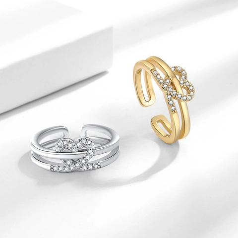 Doppelstöckiger Herz Ring Kupfer Mit Zirkon Verstellbares Offenes Design Elegantes Schmuckstück Für Frauen