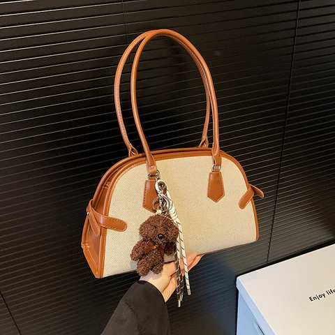 Bolso De Hombro Retro Color En Contraste Mujer Lona PU Cuero Patchwork Bolso Axilar Con Colgante De Oso Bolso De Mano Vintage