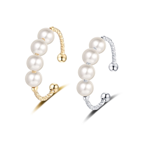 Adjustable Open Ring For Women Minimalist Vintage Textured Metal Parallel Artificial Pearl Inlay Retro Style Accessory