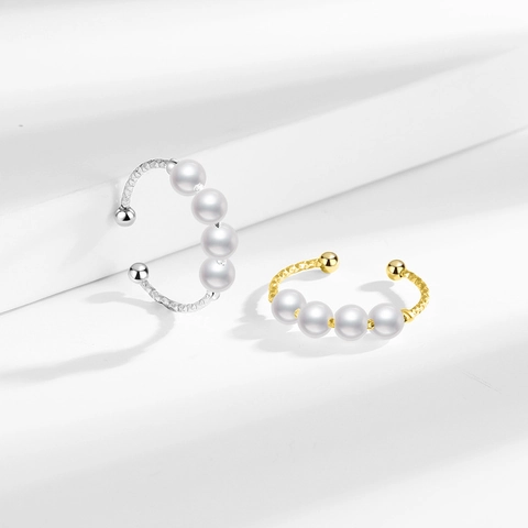 Adjustable Open Ring For Women Minimalist Vintage Textured Metal Parallel Artificial Pearl Inlay Retro Style Accessory