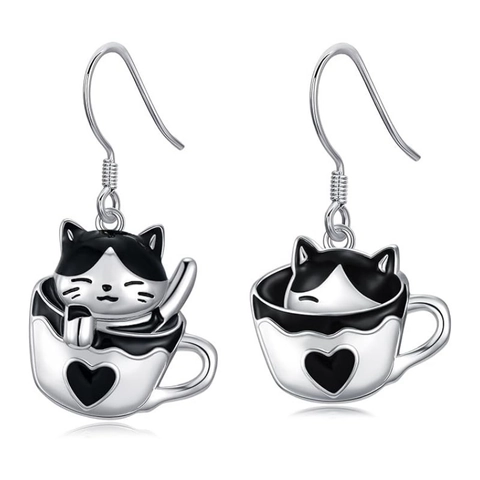 Süße Katze Im Pokal Ohrhänger Mit 925 Sterling Silber Ohrstecker Asymmetrisch Emaille Herz Schmuck Für Damen