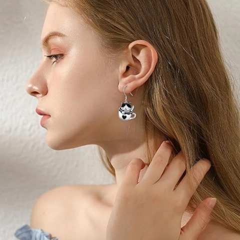 Süße Katze Im Pokal Ohrhänger Mit 925 Sterling Silber Ohrstecker Asymmetrisch Emaille Herz Schmuck Für Damen