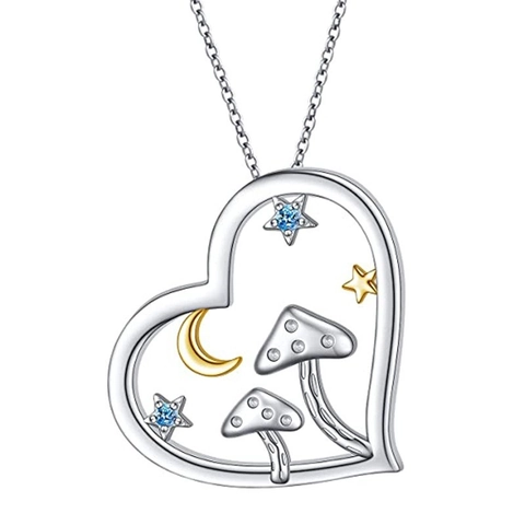Heart Mushroom Moon Star Pendant Necklace Copper With Blue Zircon Forest Fantasy Jewelry For Women